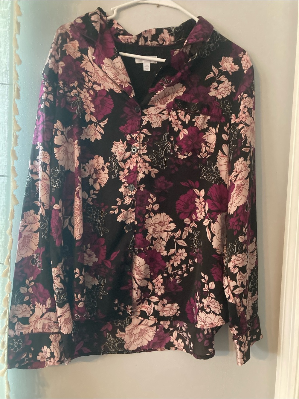 Secret Treasures Black Button-Front Floral Shirt with Plum Accents